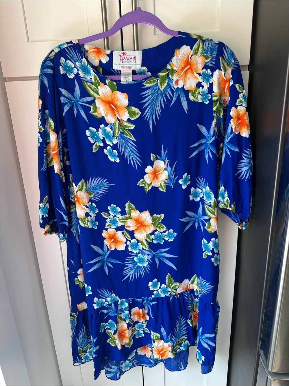 Hawaii Hangover Women’s M Blue Hibiscus Floral Ruffle Hem Rayon Dress